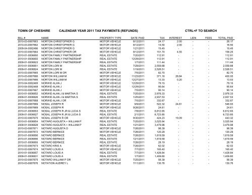 town of cheshire calendar year 2011 tax payments (refunds) ctrl+f to ...