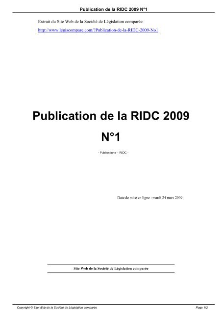 Publication de la RIDC 2009 N°1 - Société de législation comparée