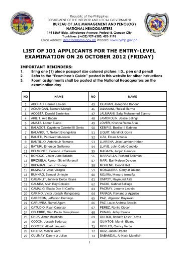 list of jo1 applicants for the entry-level examination on 26 ... - BJMP