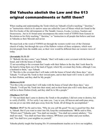 Did Yahusha abolish the Law and the 613 original commandments ...