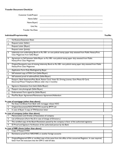 Transfer Document CheckList Customer Code/Project Name ... - BPTP