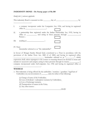 INDEMNITY BOND – On Stamp paper of Rs - Morgan Stanley