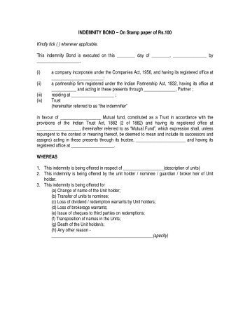 INDEMNITY BOND – On Stamp paper of Rs - Principal Mutual Fund