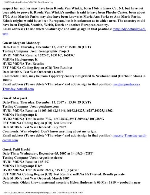 2007 Entries into Kerchner's MtDNA Test Results Log