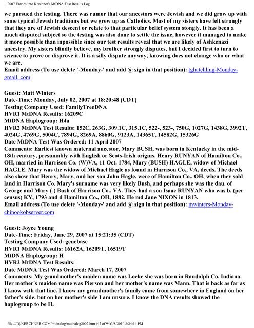 2007 Entries into Kerchner's MtDNA Test Results Log