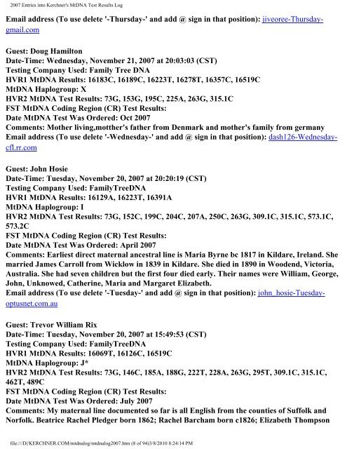 2007 Entries into Kerchner's MtDNA Test Results Log