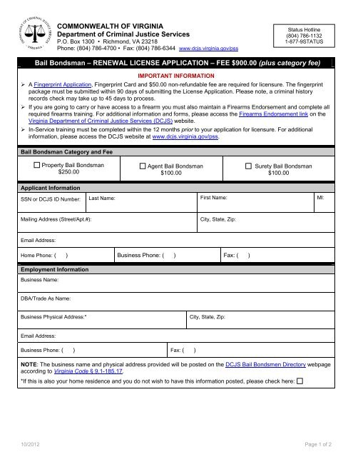 Renewal Bail Bondsman License Application - Virginia Department ...