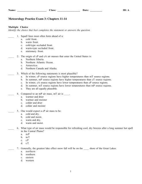 Meteorology Practice Exam 3: Chapters 11-14