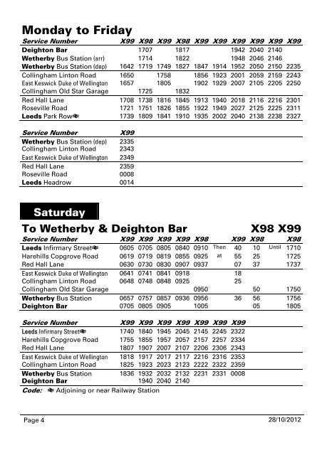 Leeds - Wetherby - Deighton Bar X98 X99 Wetherby - Leeds ... - Metro