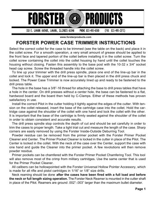 Forster Case Trimmer Pilot Chart