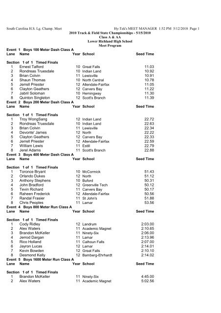 1 Ernest Talford 11.03 2 Rondreas Truesdale 10.92 - South Carolina ...