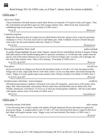 Retail listings 2011 by USDA zone, as of - Cistus Nursery