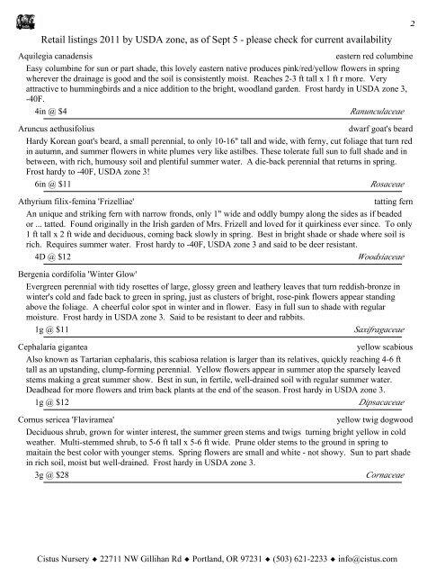 Retail listings 2011 by USDA zone, as of - Cistus Nursery