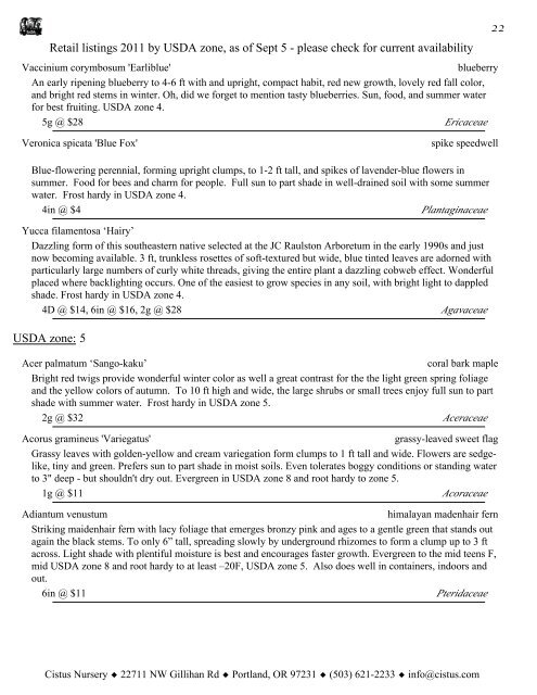 Retail listings 2011 by USDA zone, as of - Cistus Nursery