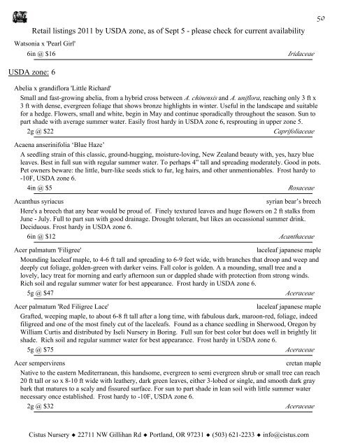 Retail listings 2011 by USDA zone, as of - Cistus Nursery