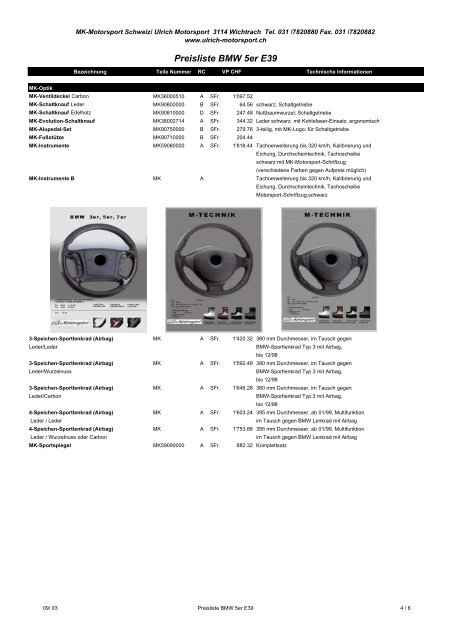 Preisliste BMW 5er E39 - Ulrich Motorsport