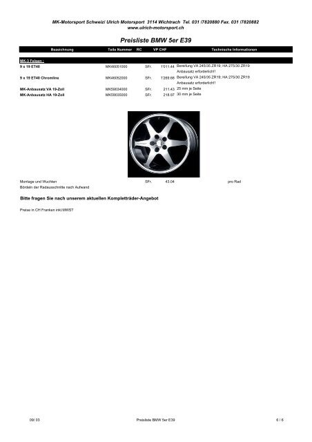 Preisliste BMW 5er E39 - Ulrich Motorsport