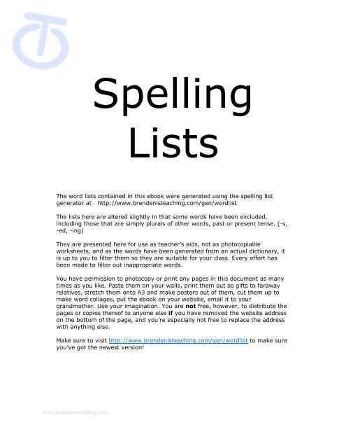 Spelling Lists - Brenden is Teaching