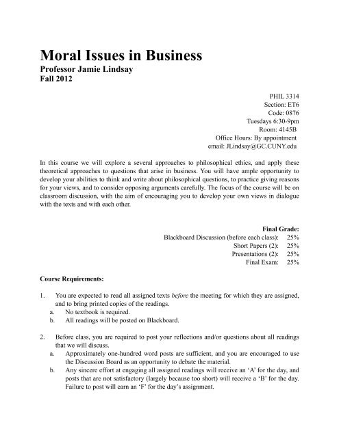 PHIL 3314: Moral Issues in Business [Lindsay] - Brooklyn College ...