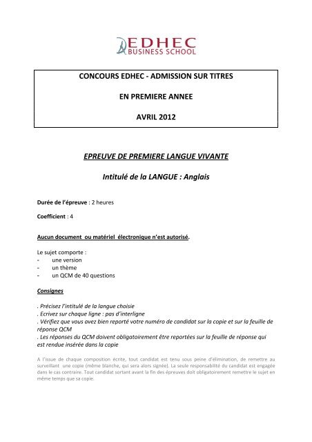 AST1 2012 - anglais sujet corrigé rapport - EDHEC Grande Ecole