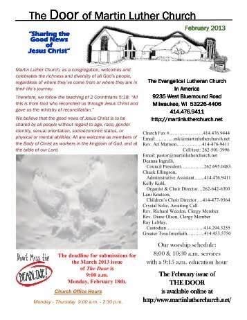 February 2013 Issue of the Door - Martin Luther Lutheran Church