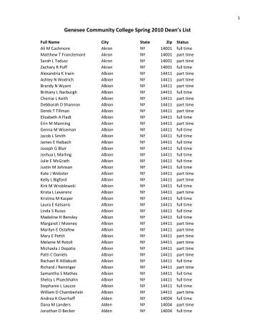 Genesee Community College Spring 2010 Dean's List - Office of ...