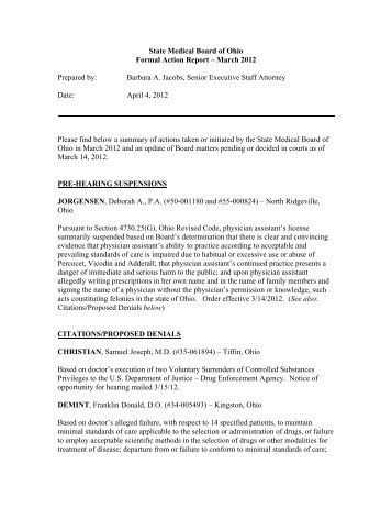 State Medical Board of Ohio Formal Action Report – March 2012 ...