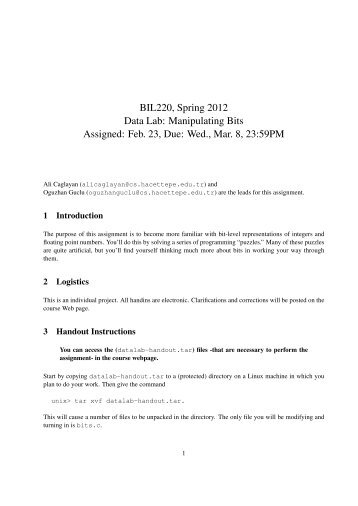 BIL220, Spring 2012 Data Lab: Manipulating Bits Assigned: Feb. 23 ...