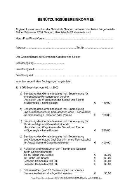 Anmietung Gemeindesaal - Gemeinde Gaaden