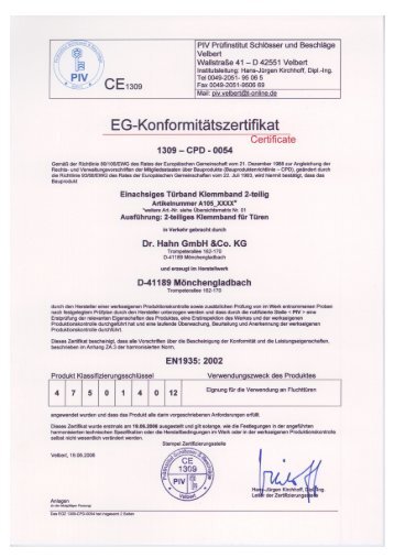 CE-Zertifikat für das Türband Klemmband zweiteilig - Über Dr. Hahn
