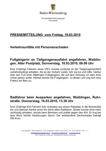 PRESSEMITTEILUNG vom Freitag, 19.03.2010 Verkehrsunfälle mit ...