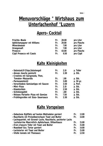 Menuvorschläge " Wirtshaus zum Unterlachenhof "Luzern