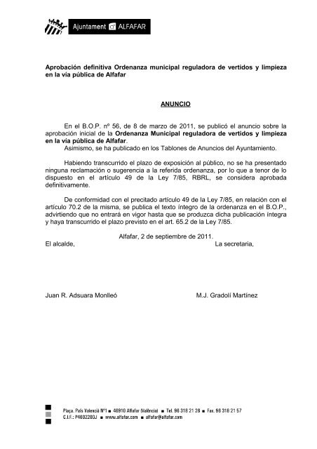 ordenanza vertidos - Ayuntamiento de Alfafar