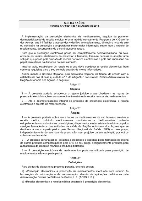 Portaria nº 70/2011 - Presidência do Governo Regional dos Açores