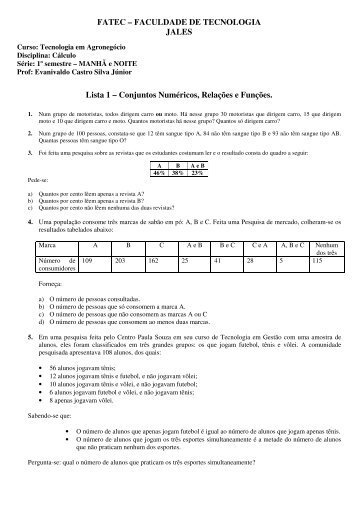 Lista 1 - Cálculo (Conjuntos, Relações e Funções) - Evanivaldo Jr