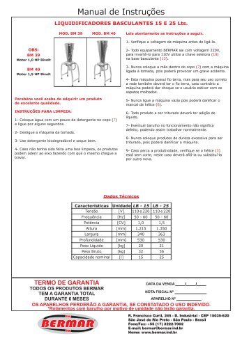 manual liquidificador basculante 15 e 25 lts - Bermar