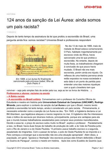 124 anos da sanção da Lei Áurea: ainda somos um país racista?