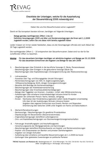 Checkliste der Unterlagen, welche für die Ausarbeitung