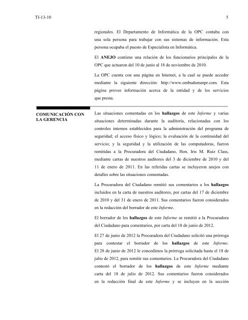 INFORME DE AUDITORÍA TI-13-10 27 de noviembre de 2012 ...