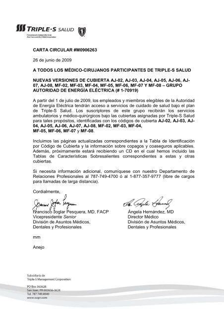 CARTA CIRCULAR #M0906263 26 de junio de ... - Triple-S Salud