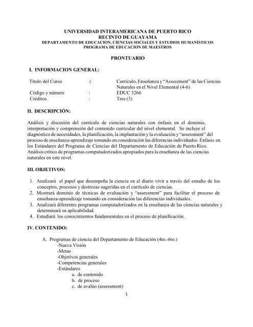 EDUC 3266 Currículo, Enseñanza y “Assessment” - Inter Guayama ...