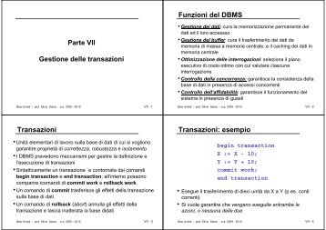 Funzioni del DBMS Transazioni Transazioni: esempio