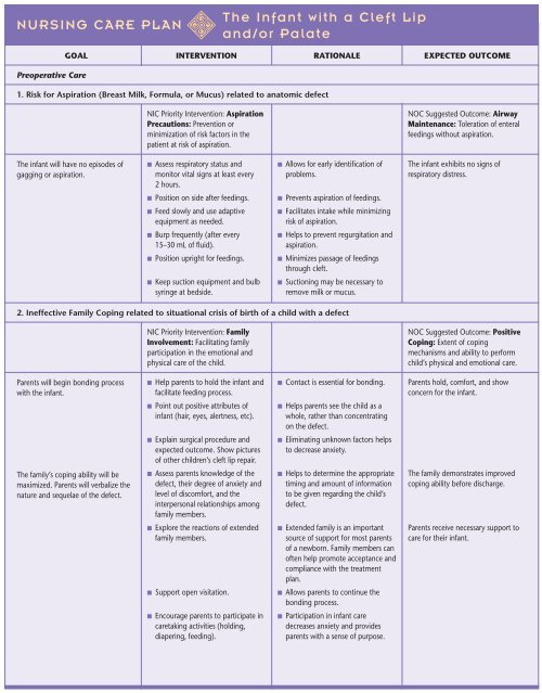 590 NURSING CARE PLAN The Infant with a Cleft Lip and/or Palate