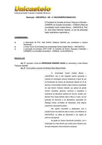 Resolução – UNICASTELO – GR – nº. 003/CONSEPE/CONSUN ...