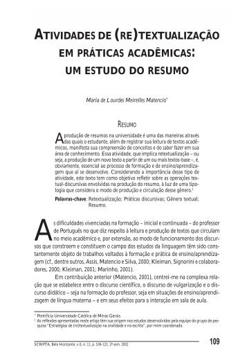 Atividades de (re)textualização em práticas acadêmicas - PUC Minas