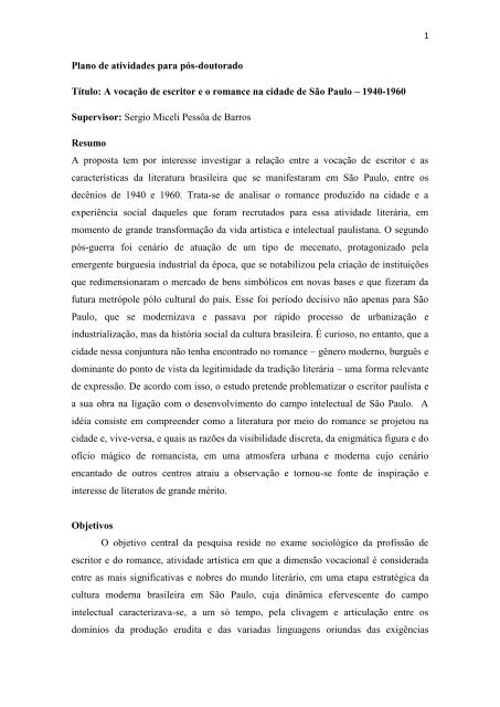 Plano de atividades para pós-doutorado Título: A vocação ... - Fapesp