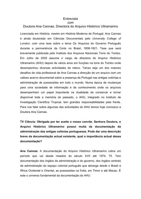 Texto da Entrevista - TV Ciência