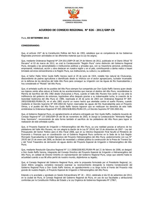 acuerdo n° 826 -2012 - Gobierno Regional de Piura