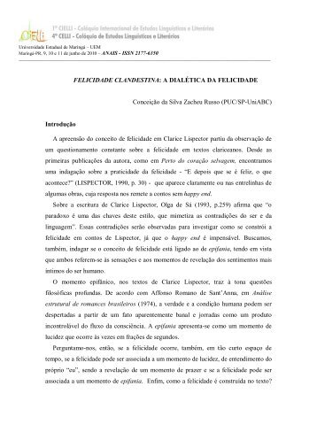 FELICIDADE CLANDESTINA: A DIALÉTICA DA FELICIDADE ... - Cielli