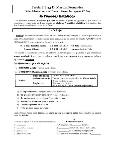 Ficha Apoio Funcoes Sintaticas, PDF, Assunto (gramática)